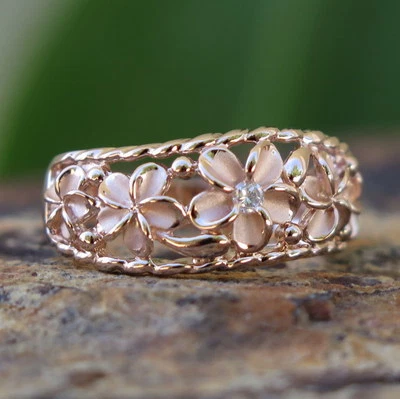 Hawaiian Silver Pink Gold Five Plumeria Flowers CZ Wedding Ring Band 8mm SR3249 - Image 1 of 4