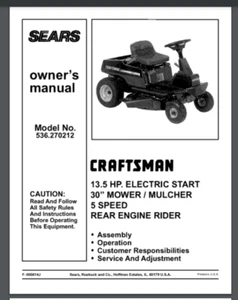 Craftsman 536.270212 Rear Engine 30 inch RIDING MOWER owner parts Manual 60 page - Picture 1 of 1