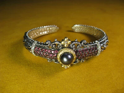 BARBARA BIXBY BRAZALETE FLOR RODOLITA GRANATE PERLA NEGRA Piedras Preciosas Bisagras  Foto 1 de 3