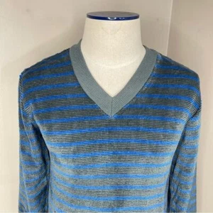 Mens Striped V Neck Sweater Size M Gray Blue Soft Long Sleeves - Picture 1 of 10