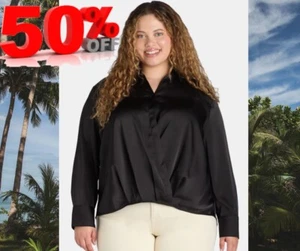 Terra & Sky Women's Plus Size 4X 28W-30W Surplice Satin Blouse COLOR Black NEW - Picture 1 of 12
