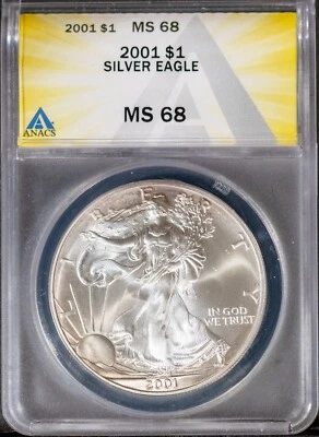 2001 $1 Silver American Eagle Bullion Coin MS 68 ANACS # 7644916 + Bonus - Image 1 of 2