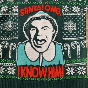 Christmas Ugly Sweater Mens L Knit Elf I Know Him Green & Red Pull-Over - Picture 1 of 15