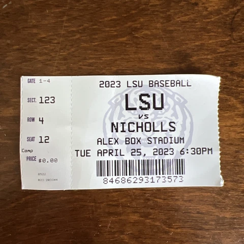 '23 Baseball NICHOLLS vs LSU Ticket Stub Alex Box CWS CHAMPIONS Skenes Crews Cover