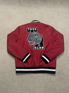 True Religion Bomber Snap Button Varsity Jacket Black Red Size Medium EUC - Picture 1 of 8