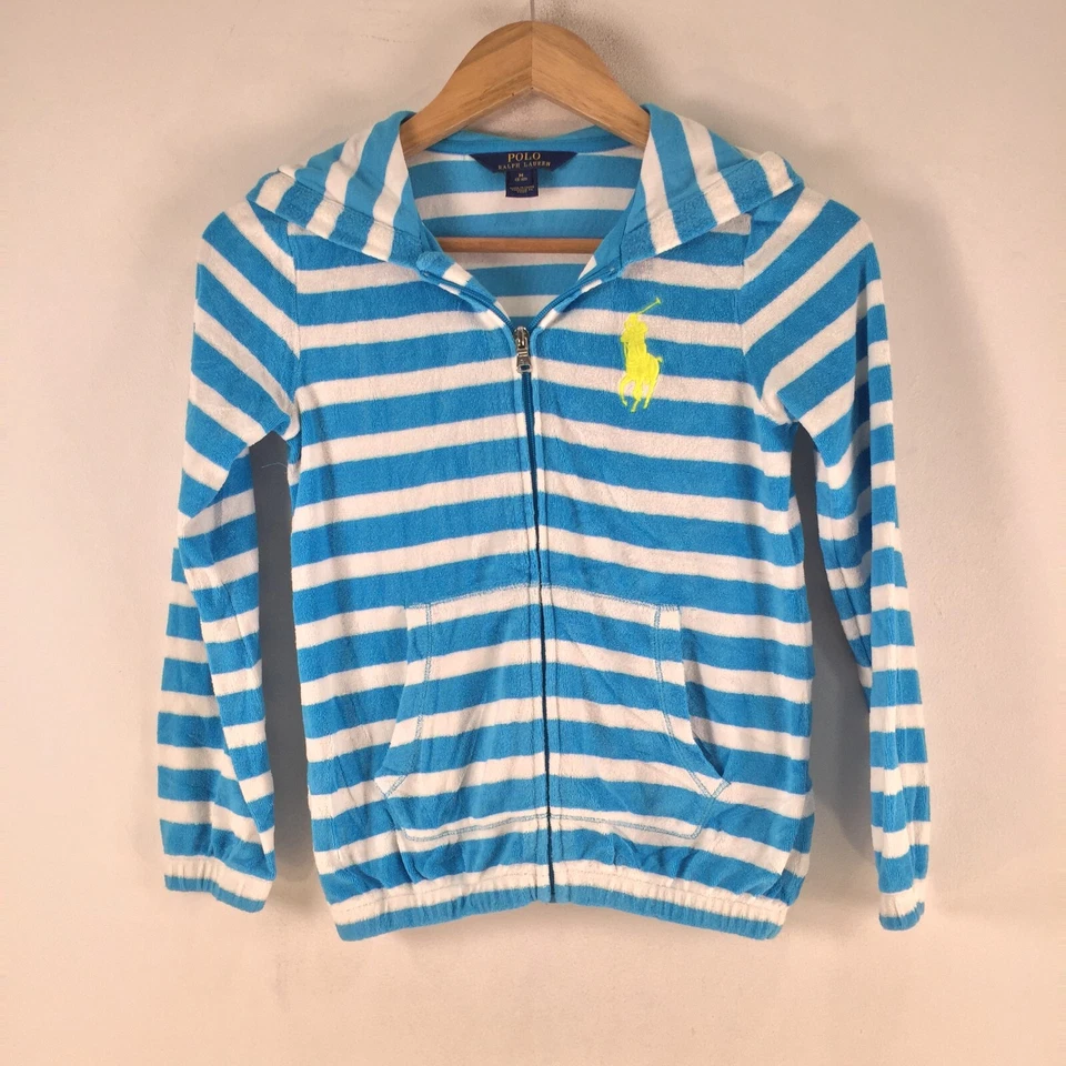 Ralph Lauren boys terry jacket 8-10 years white blue striped hooded zip 111081 - Image 1 of 4