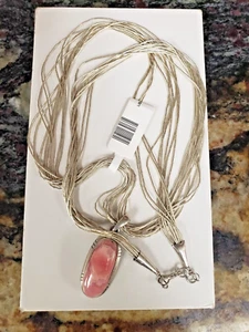 NATIVE AMERICAN LIQUID SILVER NECKLACE & RHODCHROSITE PENDANT 22'' - Picture 1 of 6