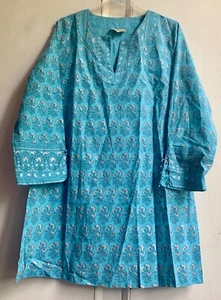 EAST with ANOKHI Tunic 12 Aqua Beaded Hand Block Print Kaftan Artisan Collection - Picture 1 of 14
