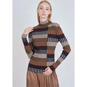 Mock Neck Neutral/Olive Print Sweater, XS-LG, Long Sleeves, Slip on Comfortable - Picture 1 of 11