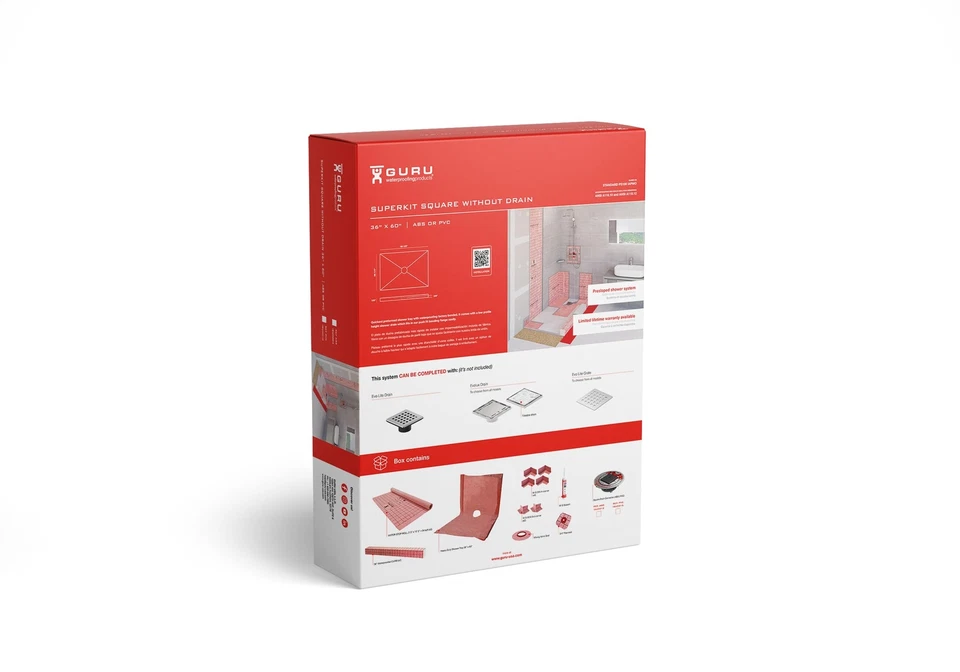 GURU USA SuperKit Square Shower Kit Water-Stop Membrane, Hair Strainer 36" x 60" - Imagem 1 de 4