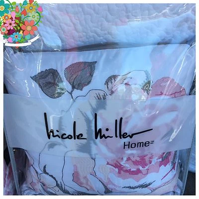 Nicole Miller Home 3 peças conjunto de colcha rosa duplo novo na embalagem rosa cinza branco chique gasto - Imagem 1 de 4