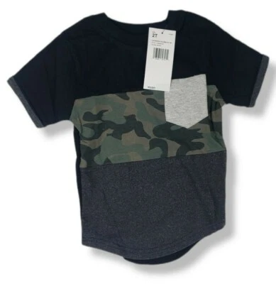 French Toast Boys Short Sleeve Camo Printed Color block T-Shirt Black Camo 2T - Image 1 of 4