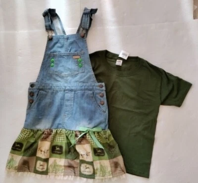 Upcycle Girls Size 7-8 John Deere Denim Overall Dress T Shirt Set - Image 1 of 4