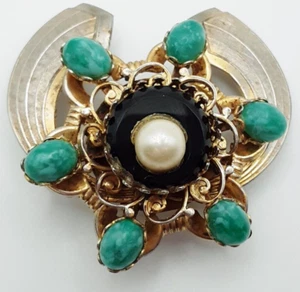 Unusual vintage Faux Pearl Onyx Jade Brooch 1 7/8" - Picture 1 of 9