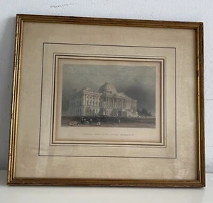 Antik 1838 Gravurdruck Hauptfront des Kapitols Washington DC gerahmt - Bild 1 von 8