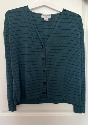 Rena Rowan for Saville, Vintage 100% silk button cardigan, Large, teal stripes - Image 1 of 4