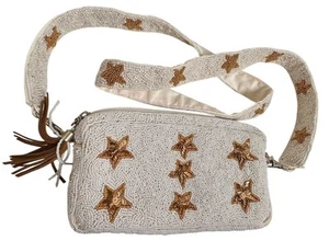 Beaded White Gold Star Crossbody Handbag Purse Rockstar Removeable Strap Bridal - Picture 1 of 20
