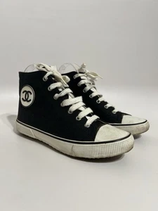 Vtg Chanel Black Canvas CC Logo Sneakers 37 - Picture 1 of 21