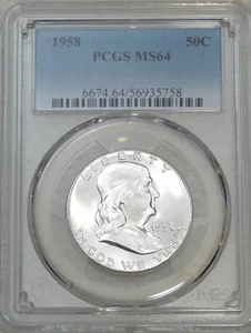 Medio dólar Franklin 1958 P graduación profesional MS64 99 % FBL blanco brillo escarchado PQ #L201Z - Imagen 1 de 3