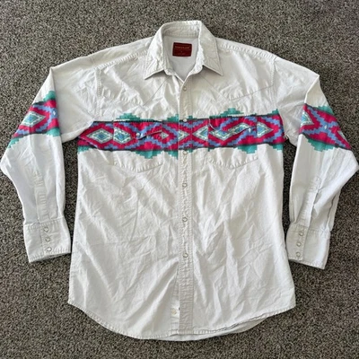 VTG Rustler by Wrangler Brushpopper Men's L Pearl Snap Shirt Aztec Cowboy White - Image 1 of 4