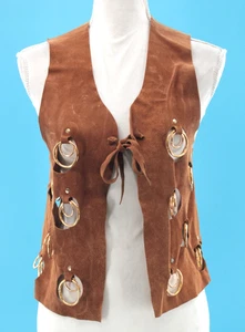 VTG Womens 60s Brown Suede Leather Vest W/ Cut Outs & Gold Tone Rings XS/S 1960s - Picture 1 of 20