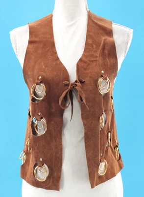 VTG Womens 60s Brown Suede Leather Vest W/ Cut Outs & Gold Tone Rings XS/S 1960s - Image 1 of 4