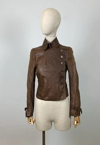 RARE ANN DEMEULEMEESTER Brown Double Breasted Leather Biker Jacket Size 40 - Picture 1 of 22