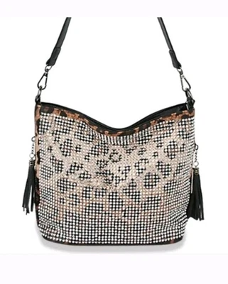 Stunning Rhinestone Embellished Leopard Black Handbag Hobo Purse 11x8x4 - Image 1 of 4
