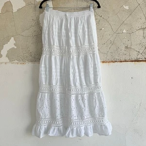 Maxi Falda Blanca 100% Algodón Ojales En Niveles Volantes Crochet Cottagecore Vaquera M - Imagen 1 de 8
