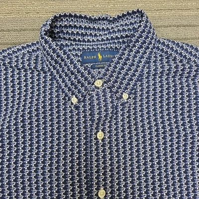 Ralph Lauren 衬衫男式大号蓝色经典合身几何短袖纽扣陶氏 — 第 1/4 张图片