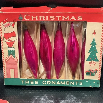 "Caja de 6 adornos de vidrio navideño vintage Polonia años 50 lágrima gota rosa 5-6""" Foto 1 de 4