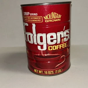 Vintage Mountain Grown Folgers Coffee Can Tin Metal 16 oz 1 lb Can No Lid - Picture 1 of 8