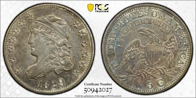 Media moneda de diez centavos busto tapado 1829 LM-12 R-6 PCGS AU detalles tono arco iris Foto 1 de 4