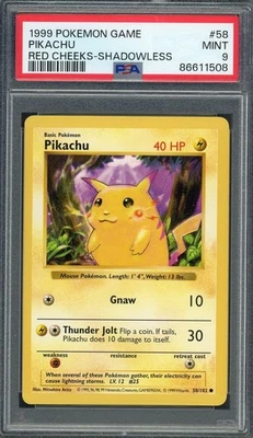 PSA 9 Pikachu (Red Cheeks - Shadowless) Base Set 58/102 Pokemon Card B22 - Image 1 of 2