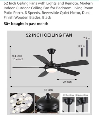 Kviflon 52 In Ceiling Fan With LED Lights And Remote. Black Wood Finish 8903 New - Image 1 of 4