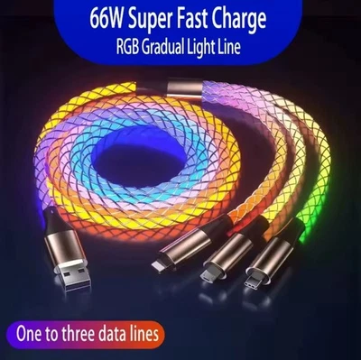 USB To USB C Cable RGB LED Light Fast Charging Cord Type C Charger - Image 1 of 4