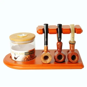 Beech Wood Smoking Pipe Rack Holder Display For 6 Tobacco Pipes And Tobacco Jar - Picture 1 of 12