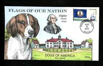 US FDC #4323//4332 / 4327 Collins Hand Painted 2012 CA Flag Virginia VA FoxHound - Image 1 of 2