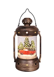 9.25"H RED TRUCK Lighted Glitter Water Globe Lantern B/O w/Timer 73503 - Picture 1 of 7