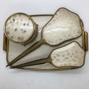 Vintage Ladies Golden Floral Dressing Table With Tray Brush Mirror Powder Pot