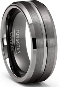 Mens Tungsten Carbide Ring Gunmetal Wedding Band Grooved Ring 8MM Comfort-Fit - Picture 1 of 5