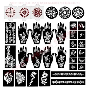 Reusable Henna Mehandi Tattoo Stencils For Hands, Wrist, Body Set of 34 Pcs - Picture 1 of 5