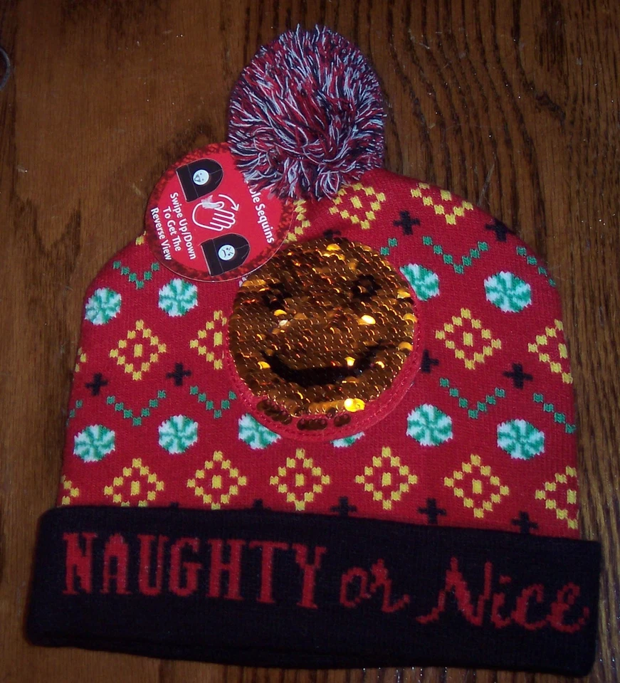 Unisex Naughty or Reversible Sequins Winter Hat Stocking Cap One Size