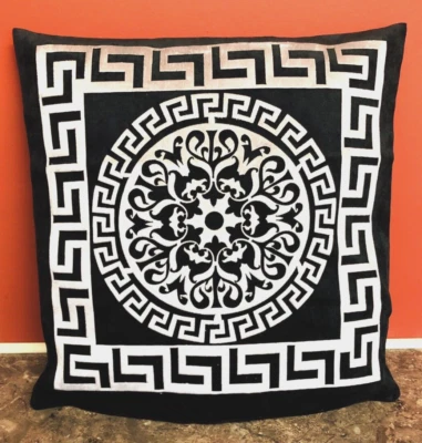 Geometric Greek Border & Circle Black & Silver decorative Pillow Throw Cover - Image 1 of 4