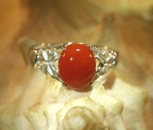 SOLID 14K WHITE GOLD 1.80CTS OVAL CAB RED CORAL HAWAIIAN PLUMERIA RING 7.5 #3A - Picture 1 of 6