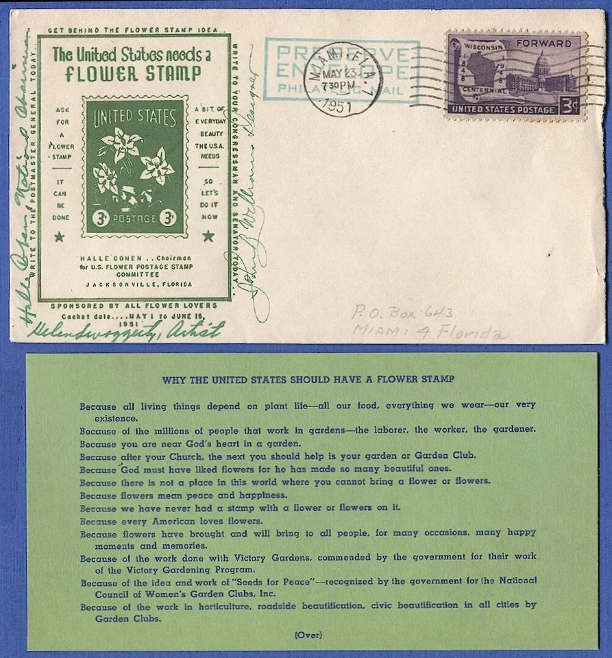 US 1951 Proposed stamp issuance, FLOWER Stamp Committee - Florida, 3c Wisconsin - Image 1 of 1