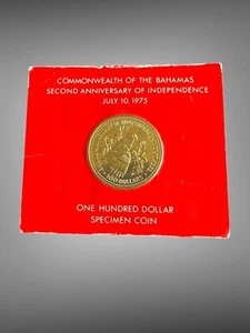 1975 BAHAMAS $100 Gold Proof Coin 2nd Anniversary of Independence AGW 9.005g - Picture 1 of 5
