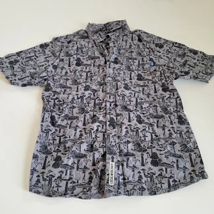 Kavu Short Sleeve Button Down Mushroom Forest All Over Print Size L Gray Black - Picture 1 of 9