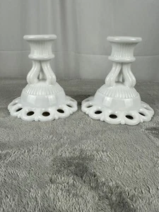 Vintage Pair Westmoreland White Milk Glass Taper Candle Holders Doric Lace - Picture 1 of 8