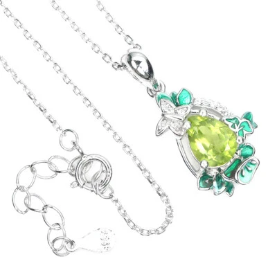 925 Sterling Silver Necklace Pear Peridot 8x6mm Simulated Cz Gemstone Jewelry - Image 1 of 4